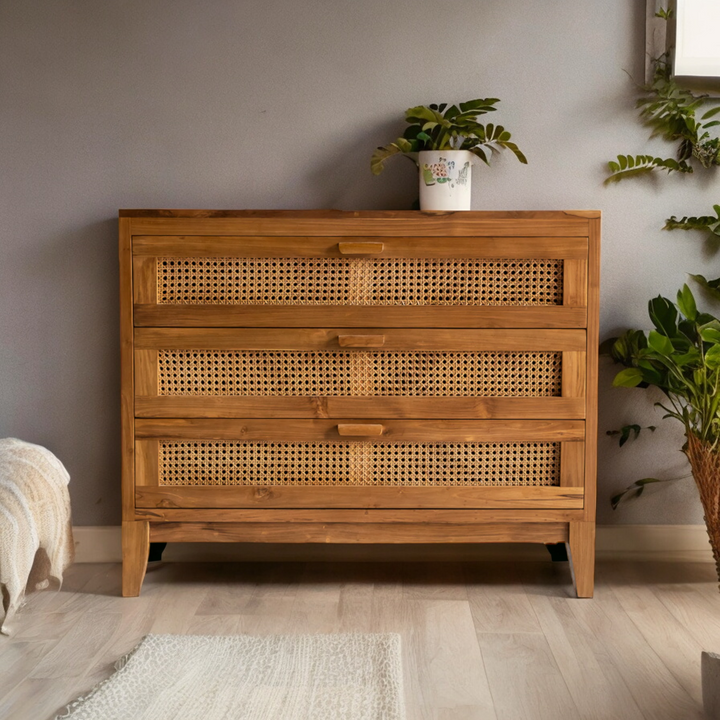 BRAM SOLID TEAK WOOD & RATTAN CHEST OF 3 DRAWERS