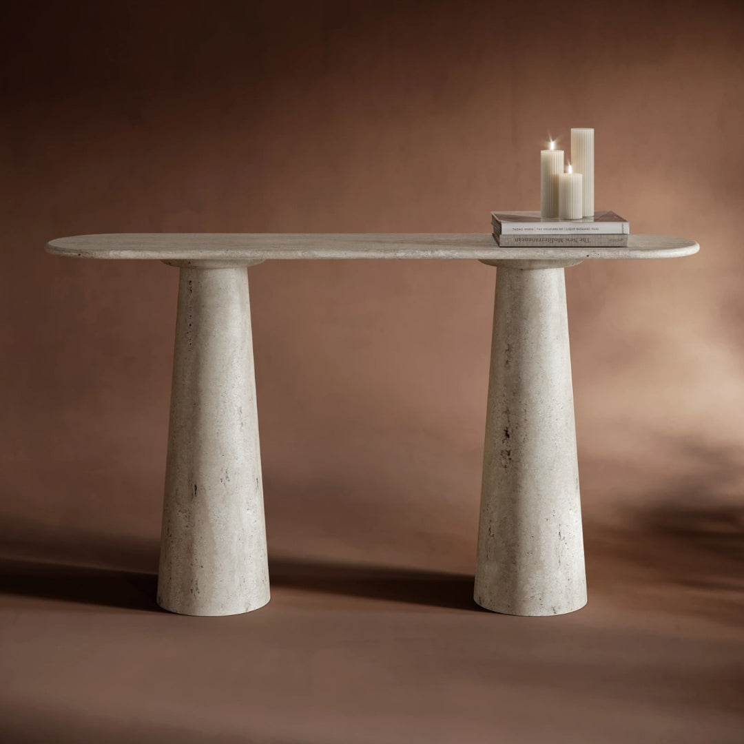 Jalene Ovel Travertine Stone Console Table 1