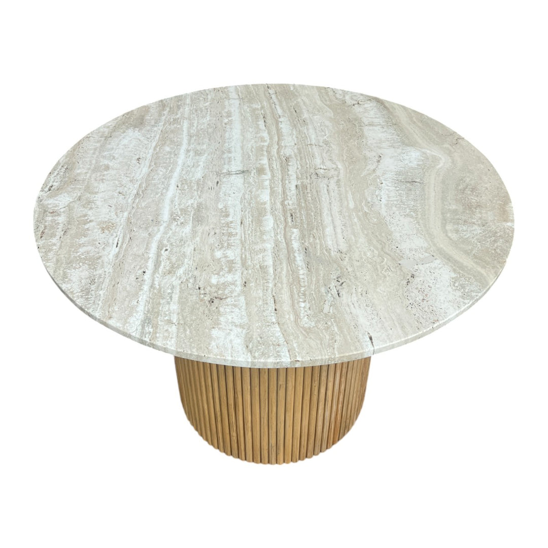 Keelin Travertine Marble Top Mango Wood Round Dining Table