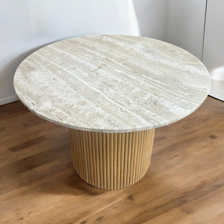 Keelin Travertine Marble Top Mango Wood Round Dining Table