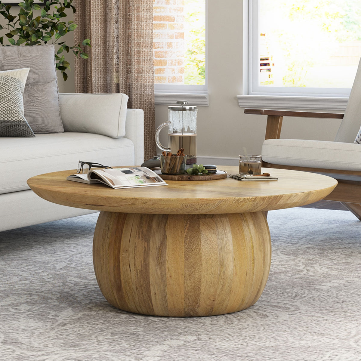 Round wood top coffee outlet table